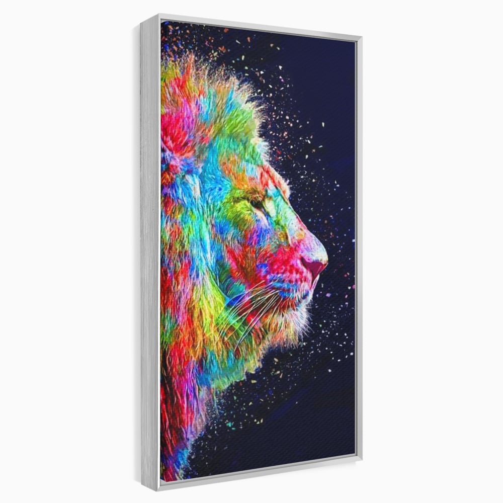 Tablou canvas cu tablou canvas cu profil de leu multicolor, in rama de aluminiu argintiu